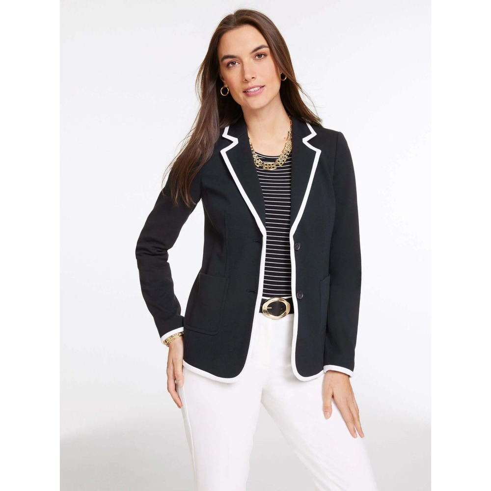 Talbots Aberdeen Blazer Women 10 Navy Blue White Contrast Trim Knit Crest Button
